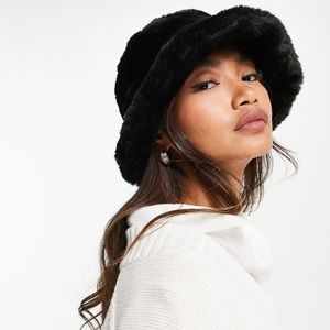 ASOS Design faux fur roll back bucket hat in black